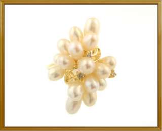 Ladies 14K Solid Yellow Gold Biwa Pearl & Diamond Ring  
