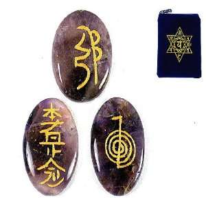  AMETHYST REIKI STONES ~ Set of 3 Stones w/ Etched Usui Reiki 