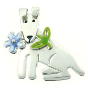  Dog w/ Forget Me Not Flower Enamel & Silver Pin 