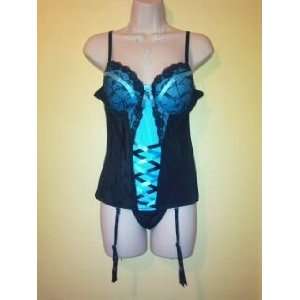  Black and Blue Bustier w/ Lace up Front and Matching Thong 