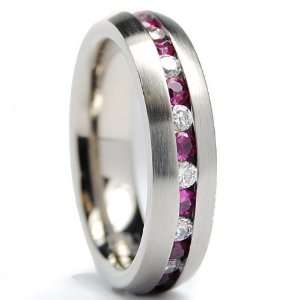   Eternity Titanium Ring Wedding Band with Pink and White CZ Size 5
