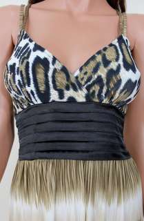 featuring an animal print and elastic empire waist with satin fabric 