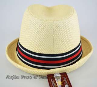 Mens Stripe Band CubanStyle Upturn Short Brim Straw Hat  