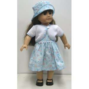 Light Blue Floral Dress, Short Jacket and Hat, Fits 18 Dolls Like 