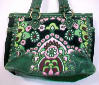  Fiore Gorgeous Green Patterned Canvas Leather Studded Unique Purse Bag