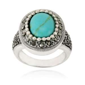  Sterling Silver Marcasite and Oval Synthetic Turquoise 