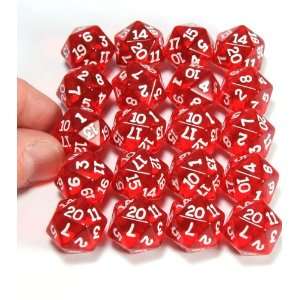  DICE 20 Sided (Polyhedral) RED Transparent _ Bundle of 20 