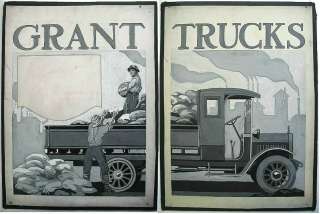 ORIGINAL PAINTING PAIR ELSIE SIMON 2 GRANT TRUCKS 1920s AD PUBLICITY 