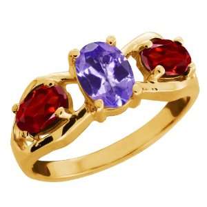 85 Ct Oval Blue Tanzanite and Garnet Gold Plated Sterling Silver 