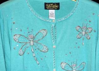   Wearable Art Dragonfly Aqua Sweater In Beads Sequins & Pearls Sz