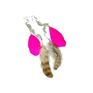 Fuschia Feather Fashion Dangle Earrings with Silver Leaf Accents, 5 