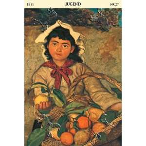  Girl with Basket of Fruit by Unknown 17.75X26.50. Art 