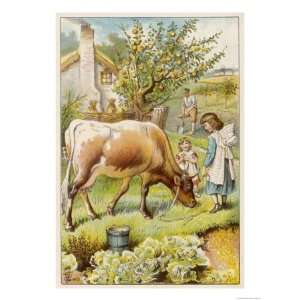  Dairy Cow with Two Girls Giclee Poster Print, 18x24