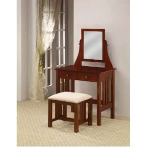 Vanity Table and Chair Set with Mirror in Deep Warm Brown Finish