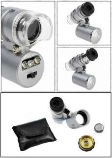 60X Mini Pocket Microscope Loupe 2 LED Lighted Magnifier + 1 Currency 