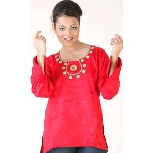  Red Designer Kurti with Beadwork on Neck and Self Design 