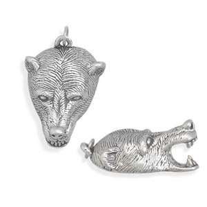 Bear Head Pendant Oxidized Sterling Silver 3 D with Open Mouth