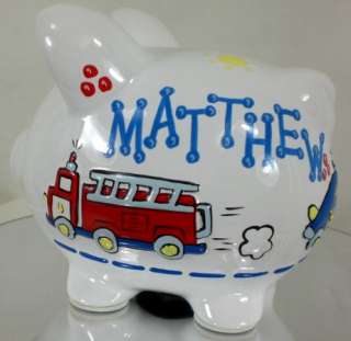 Personalized Childs Small Piggy Bank   FIRE TRUCK  