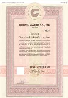 CITIZEN WATCH CO LTD Tokyo Japan old warrant certi.  