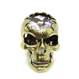  Skull Ring ; 2.25L; Burnished Gold Metal with Clear and 
