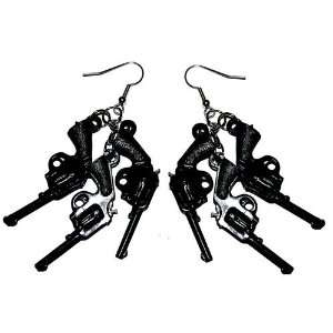  2 Plastic Charms Gun Earrings In Black with Silver Finish 