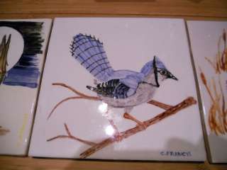 inch hand painted ceramic tile,signed,bird,BLUE JAY  