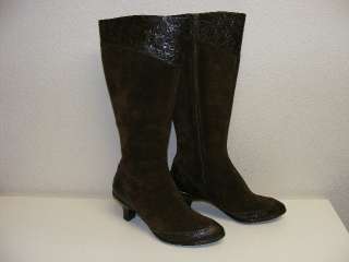 Sofft Bastia Tall Brown Suede Boots Tooled Leather Trim Womens 7.5 