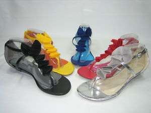 Strappy sandals thongs ruffle trim 1 inch wedge heels womens shoes 