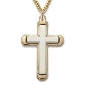 24K Gold over Sterling Silver 2 Tone Cross Necklace Mens Religious 