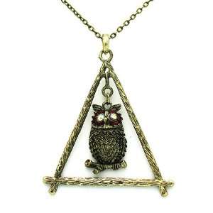 Owl on a Triangle Swing Necklace Red Eyes Rhinestones Hanging Animal 