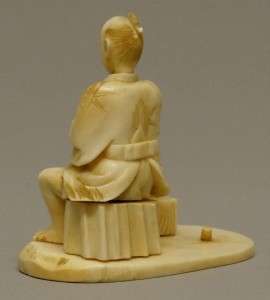 19th C Japanese Carved Ox Bone Okimono Figure   Seated Man  