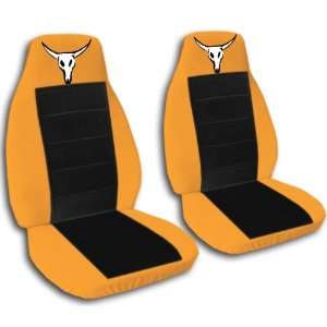  2 Orange and black Cow skull seat covers for a 1999 2001 