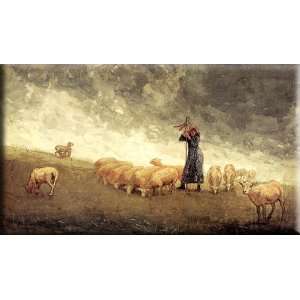  Shepherdess Tending Sheep 16x9 Streched Canvas Art by 