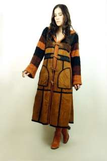 Vtg 70s SUEDE PATCHWORK Bell Slv Sweater Toggle HOODED Boho MAXI Coat 