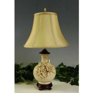  Table lamp ceramic wood base silk shade antique brown 