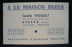 FRENCH BLOTTER AD MAISON BLEUE BONNETS CHEMISES c1915  