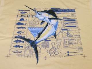   PFG Graphic Tee Shirt, LARGE, Soft Yellow, Blue Marlin, Fishing  