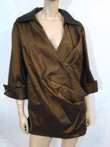 NEW TADASHI Bronze Faux Wrap Occasion Dressy Blouse Top Cuffs Full 