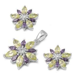   & Multicolor CZ Narcissus Flower Earring & Necklace Set Jewelry