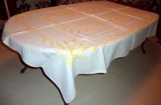 VINTAGE embroidered LINEN 57 x 75 GOLDEN WHEAT TABLECLOTH  