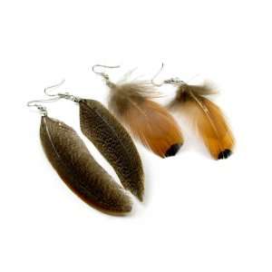  Pheasant and Exotic Plumage Feather Earrings, Set of Two 