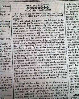 JAMES BOWDOIN III Death in 1811 Boston MA Old Newspaper  