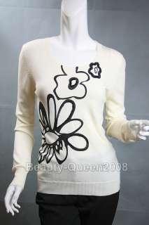 Beaded Cream Wool Sweater Cardigan Floral Print New S  