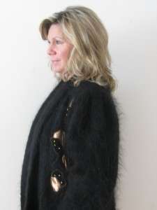 BLACK 70% MOHAIR FUZZY KNIT SWEATER LADIES COCOON GOLD STUD JACKET 