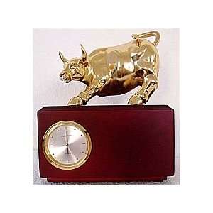  Wall Street Golden Bull Clock on Mahogany Base