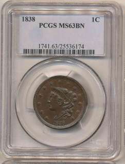 1838 LARGE CENT MS63BN PCGS. Pleasing Glossy Brown Example.  