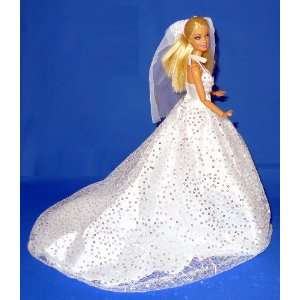  White Long & Flowing Wedding Dress Gown with Silver 