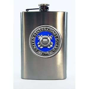 USCG Coast Guard 8 oz Stainless Hip & Travel Flask   Pewter & Enamel