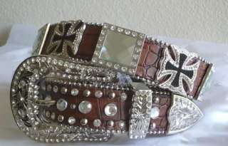 WESTERN BROWN CROC EMBOSSED HAIR CROSS CONCHO COWGIRL LEATHER BUCKLE 