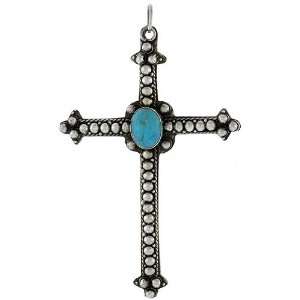Sterling Silver Oxidized Cross Pendant, w/ Beads & 8 x 6 mm Cabochon 